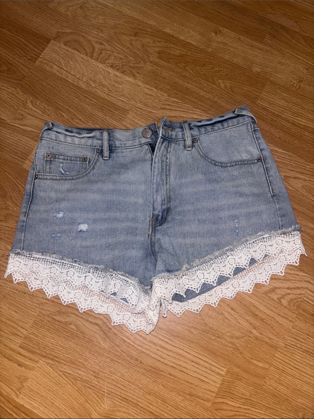 Free People Women's Light Blue Denim Lace-Hem Shorts
